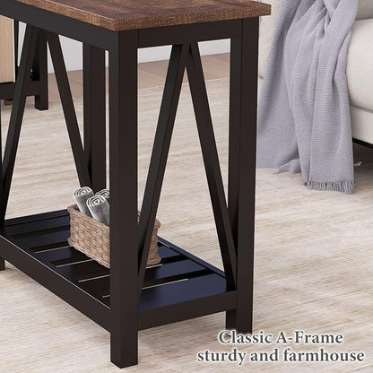 ChooChoo Farmhouse End Table, Rustic Vintage Narrow End Side Table with Storage Shelf for Small Spaces, Nightstand Sofa Table for Living Room, Bedroom Black 2 Pack