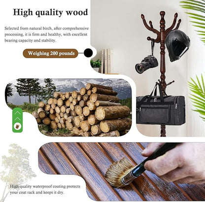 Coat Rack Stand, Solid Wooden Coat Tree with 11 Hooks, Heavy Duty Coat Rack Freestanding with Sturdy Round Base, Natural Birch Wood Coat Hanger Stand for Entryway Bedroom (triangles)