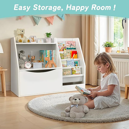 TOETOL 2 Tier Kids Bookshelf and Book Storage，4 Sling Toddler Bookshelf, Storage Boxes Book Shelf & Organizer for Nursery Playroom Classroom Library Bedroom White