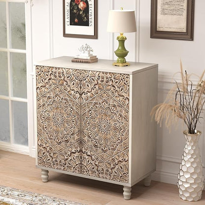 COSIEST Set of 2 32" Buffet Sideboard Cabinets with Vintage Firework Carved Pinewood Doors, Push-to-Open, Storage Accent Cabinet for Living Room, Kitchen, Hallway, Gray