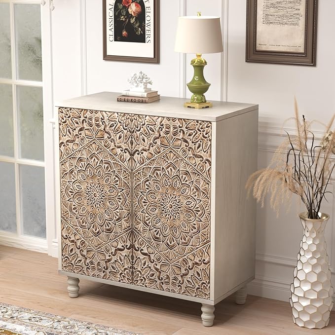 COSIEST 32" W Sideboard Buffet Cabinet with Storage, Accent Cabinet with 2 Push-to-Open Magnetic Doors, Vintage MDF Buffet Table for Living Room, Kitchen, Hallway (Gray,Firework Pattern)