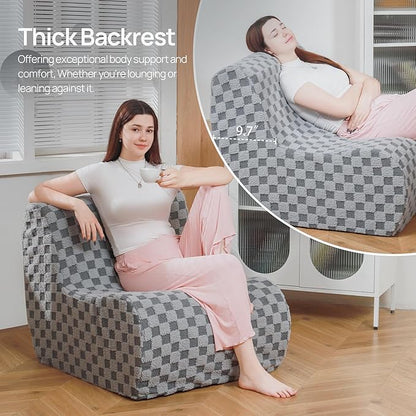 Giant Bean Bag Chair for Adults with Ottoman, Teddy Fabric Beanbag Chair with Memory Foam Filled,Plush Lazy Floor Sofa with Footstool Couch for Living Room,Bedroom,Dorm, Apartment, Grey