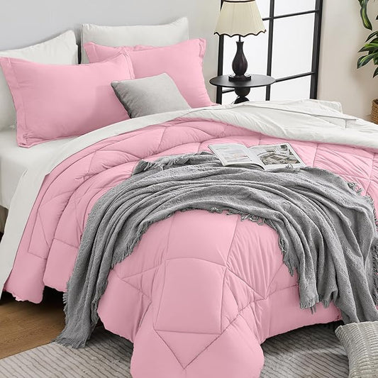 HEVUMYI Full Comforter Set - 7-Piece All Season Bed in a Bag Full, Ultra Soft Bedding Set with Comforter, Flat Sheet, Fitted Sheet, Pillowcases, Pillow Shams, Pink & Ivory