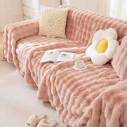 VM VOUGEMARKET Pink Sofa Cover Thick Shaggy Fluffy Sectional Couch Cover Plush Furniture Cover Soft Faux Fur Sofa Slipcover for Couch Futon Bed -Pink,71" x 134"