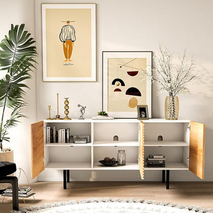 Roomfitters Mid Century Modern TV Stand for TVs up to 65", Boho Sideboard Buffet Cabinet Credenza, Media Console Entertainment Center for Living Room, Poplar Wood Print Carved and Geometric Design
