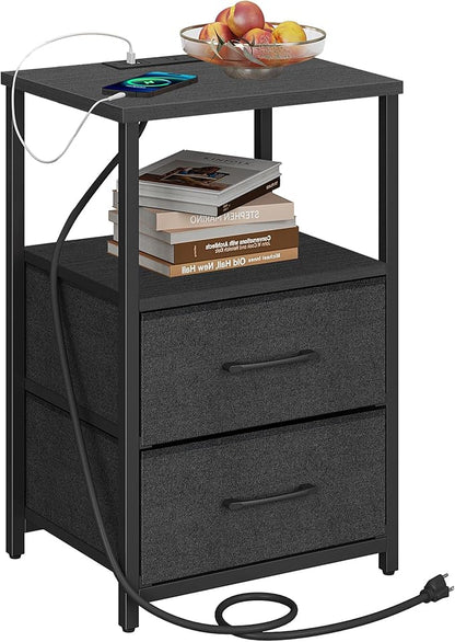 TUTOTAK End Table with Charging Station, Night Stand, Side Table with 2 USB Ports and Outlets, Nightstand with Cloth Drawer, Bedside Table for Livingroom, Bedroom Black TB01BK088