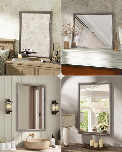 Axeman 30x36 Wood Wall Mirror, Rustic Bathroom Mirror, Vintage Wall Mounted Mirror Tempered Glass with Beaded Wooden Frame for Farmhouse Living Room Vanity Bedroom Entryway, Grey