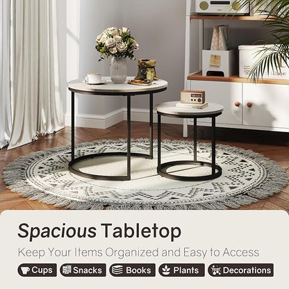 Nesting Tables Set of 2, Round Coffee Table, Small Nesting Coffee Table with Adjustable Non-Slip Fee, Wood Grain Top Nesting Tables for Living Room, Bedroom (Wood Grain Grey)