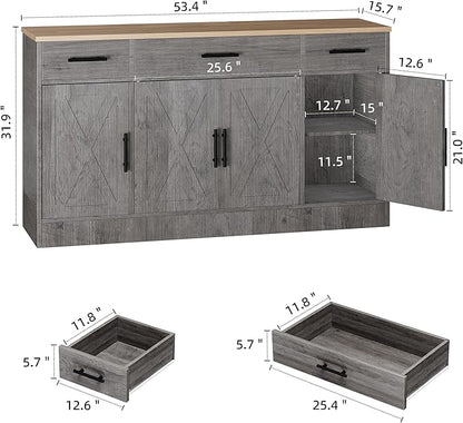 Shintenchi Sideboard Buffet Cabinet with Storage,53.4" Large Kitchen Buffet Storage Cabinet with 3 Drawers and 4 Doors,Wood Farmhouse Sideboard with Adjustable Shelf for Kitchen, Living Room,Grey