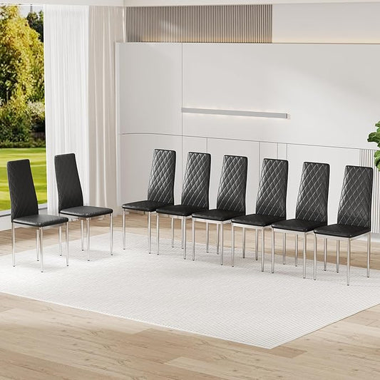 JT Modern Minimalist Dining Chair Fireproof Leather Sprayed Metal Pipe Diamond Grid Pattern Restaurant Home Conference Chair Set of 4 Or 6 (8, Grey)