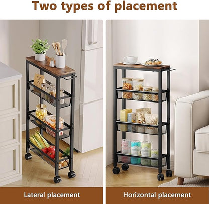 Hoctieon Slim Rolling Storage Cart, 4-Tier Narrow Kitchen Storage Cart with Handle & Wheels, Mobile Shelving Unit, Wooden Top & Metal Frame, Utility Cart for Kitchen, Small Spaces, Rustic Brown