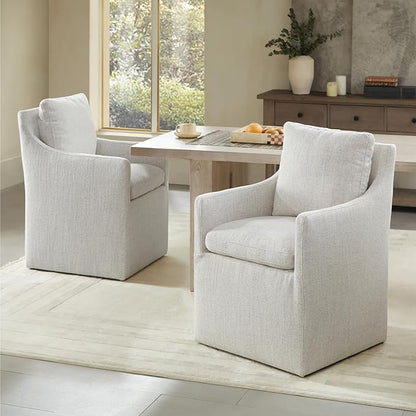 Upholstered Dining Chairs with Casters No Assembly Modern Accent Armchair with Rollers for Diningroom Bedroom Livingroom Reading Room,Linen,2 Boxs