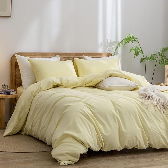 BESTOUCH Duvet Cover Set 100% Washed Cotton Linen Feel Super Soft Comfortable Chic Lightweight 3 PCs Home Bedding Set Solid Light Yellow Queen