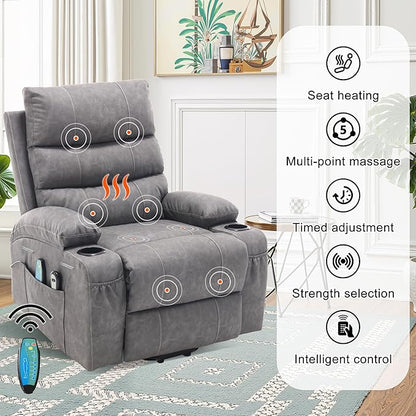 Recliner Chair Power Lift Massage Chair Full Body 21" Large Size Electric Recliner with 8 Point Vibration Massage and Lumber Heat, Remote Control, Side Pockets and Cup Holders, Grey