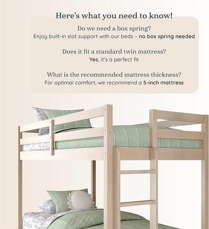 Grain & Grove Bear Twin Over Twin Bunk Bed, Sturdy Bunk Bed Frame for Kids, Plywood Bunk with Ladder, Guardrail, and Slats, No Box Spring Required, Oak Embossed Natural