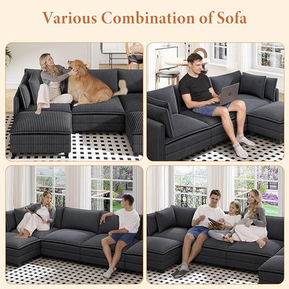Vesgantti 109" L Shaped Cloud Sectional Couch, Comfy Corduroy Upholstered Modular Couches for Living Room, Modern 3 Seater Sectional Sofa with Ottoman Deep Seat, Dark Grey