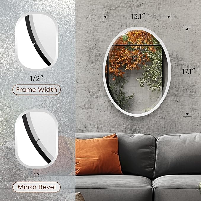 OVALCREST - Oval Wooden Beveled Wall Mirror for Home Decor, Bathroom, Vanity, Bedroom, Living Room, Hallway - London Style (Linen White) 13.1 x 17.1
