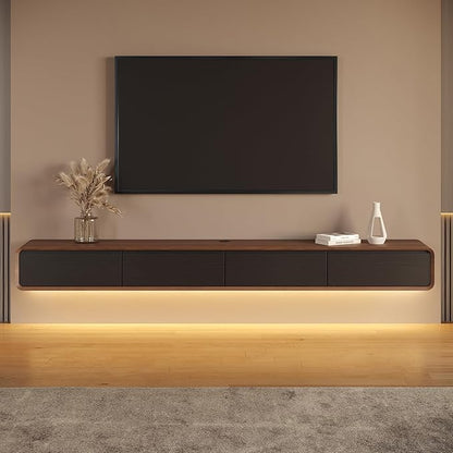 Minimalist Floating TV Stand with LED Lights, Modern Wall-Mounted Media Console with 4 Flip-Down Cabinet Doors for 85 Inch TV, Fully-Assembled, Walnut Veneer, 94"