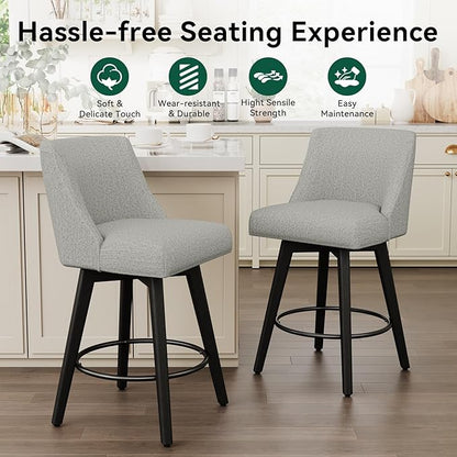 Vipbear Swivel Counter Height Bar Stools Set of 6,26.8" H Counter Stools with Back, Mid Century Modern Bar Stools for Kitchen Island,Linen Fabric,Wooden Base, Light Gray