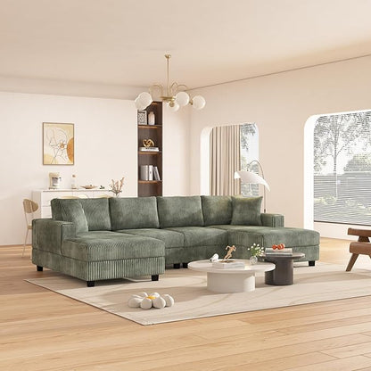 Oversized Symmetrical U Shaped Modular Sectional Sofa with Double Chaise Lounge , Reversible Corduroy Upholstered Sofa Extra Wide Deep Seat Sleeper Sofas Couches w/ 2 Pillows for Living Room Apartment