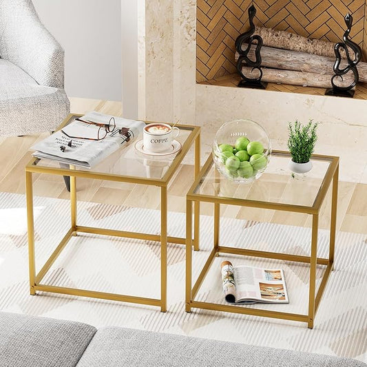 Garden 4 you Coffee Table Set of 2, Modern Glass Nesting Table, Metal Frame Square Center Table Set, Side Tables, Nesting Coffee Table for Living Room, Bedroom and Small Spaces, 19.7in Gold