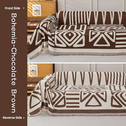 STACYPIK Boho Chocolate Beige Sofa Cover Anti-Slip Reversible Couch Cover for 2 Cushion Couch Soft Chenille Armchair Slipcovers L Shaped Cover for Sectional Furniture Protector for Kids Dogs-71X90IN