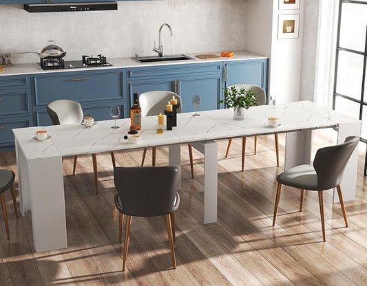 KEIKI 20-118.5"L Extendable Foldable Dining Room Table for 1-10 People, Wood Multifunctional Rectangle Expandable Console Kitchen Living Meeting Room Furniture, 6 Tabletop Length Options, Marble White