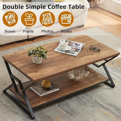 HOMISSUE Coffee Table, Rustic Rectangle Coffee Table with 2-Tier Storage, Engineered Wood Center Table with Open Shelves, Minimalist Coffee Table for Living Room, 47 Inch, Oak Brown
