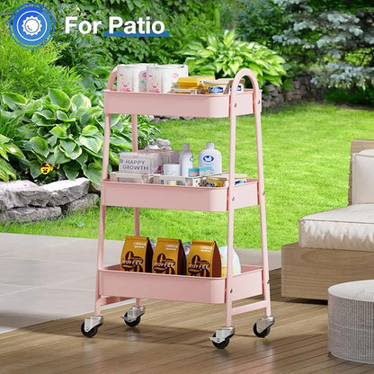 OLIXIS 3 Tier Utility Rolling Cart, Metal Mobile Storage Shelf with Lockable Caster Wheels, Organization for Livingroom, Bathroom, Kitchen, & Narrow Places, Pink