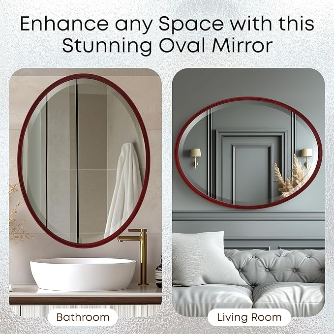 OVALCREST - Oval Wooden Beveled Wall Mirror for Home Decor, Bathroom, Vanity, Bedroom, Living Room, Hallway - London Style (Black Cherry) 21.1 x 25.1