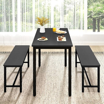Rovibek 43" Dining Table Benches Set for 4, Modern Space Saving Kitchen Table Chairs & Adjustable Feet Breakfast Table 2 Benches, Wooden Industrial Style Farmhouse, Black
