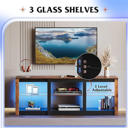 WLIVE LED TV Stand for 65 Inch TV, Modern Entertainment Center with Adjustable Glass Shelves & Customizable LED Lights, Sturdy Media Console for Living Room, Bedroom,Gaming (Brown)