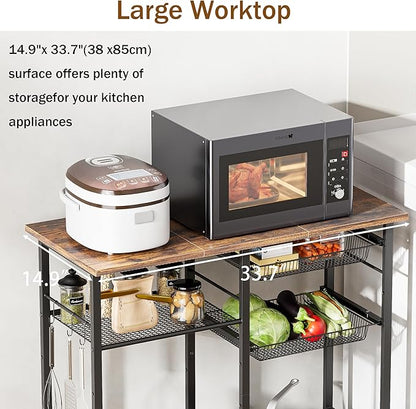 Kitchen Baker’s Rack, Microwave Stand with 2 Mesh Basket, Coffee Bar, 6 S-Shaped Hook, for Kitchen Storage Shelf, Living Room, Rustic Brown and Black