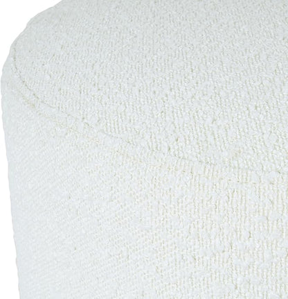 Bouclé Ottoman with Wooden Base – 22” Round Upholstered Footrest, Cream Textural Fabric, Modern Accent Stool for Living Room & Bedroom