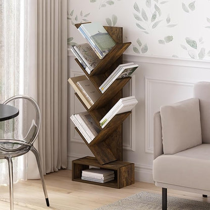 Furinno Tree Bookshelf 7-Tier Floor Standing Tree Bookcase with Bottom Shelf, Amber Pine