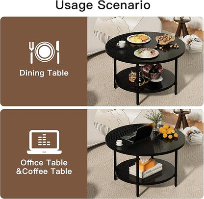 Coffee Table, 2 Tier Coffee Tables for Living Room, Round Coffee Table with Storage, Floor Table for Bedroom, Home Office, Black (27.6" D x 17.7" H)