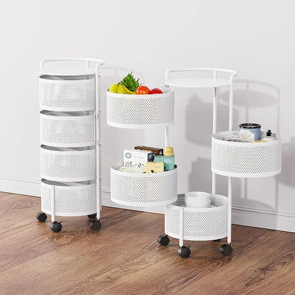 JAQ Rotating Storage Shelves Rack for Kitchen, 4-Tier Multi Layer Removable Basket Shelf Organizer on Rolling Wheels for Fruit Vegetable Grocery Corns Potato Onion (4-Tier, White)