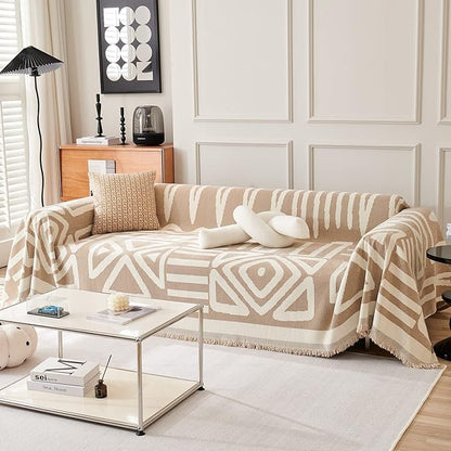 STACYPIK Durable Khaki Couch Covers for Dog Boho L Shape Armchair Slipcovers Tassels Couch Protector for 1 Cushion Couch Reversible Geometric Sofa Cover Anti Slip Multi-Use Couch Cover Blanket-71X71IN