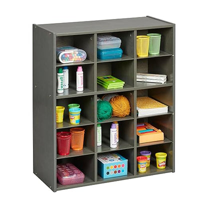 ECR4Kids Streamline 15 Cubby Tray Storage Cabinet, 5x3, Classroom Furniture, Grey Wash
