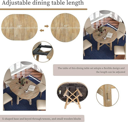 Merax 5-Piece Farmhouse Dining Furniture Set, Wooden Round Extendable Table, and 4 Upholstered Chairs, Natural Wood Wash
