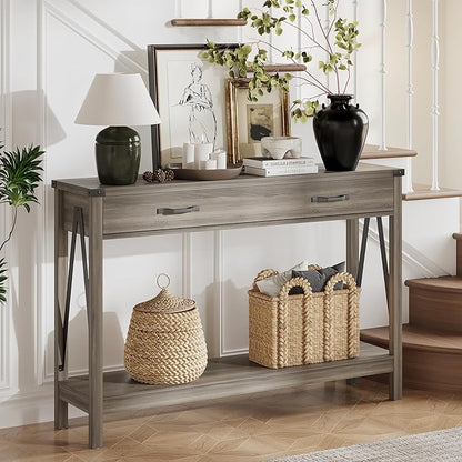 ChooChoo 47'' Farmhouse Console Table with Drawer, Entryway Table with Storage Shelf, Rustic A-Design Sofa Table for Hallway, Entrance, Living Room, Grey