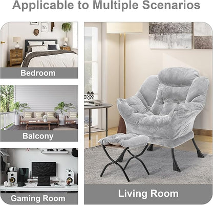 Fabric Lazy Chair with Ottoman, Oversized Upholstered Sofa Chair for Adults, Plush Comfy Lounge Chair with Large Side Storage Pocket, Reading Chair for Living Room, Bedroom, Dorm, Light Gray