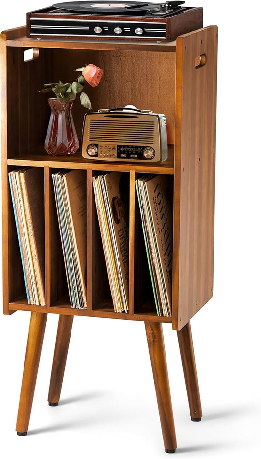 Wooden LP Record Player Stand, 3-Tier Turntable Stand Cabinet Holds up to 100 Albums, Metal Record Storage Holder and Organizer Table, Mid-Century Modern Record Player Holder for Living Room & Bedroom