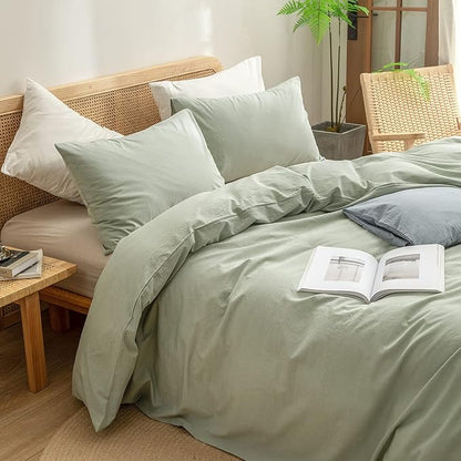 BESTOUCH Duvet Cover Set 100% Washed Cotton Linen Feel Super Soft Comfortable Chic Lightweight 3 PCs Home Bedding Set Solid Sage Green Full/Double