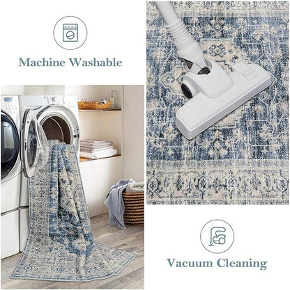 Lahome Oriental Area Rug, 3x5 Washable Rugs for Living Room Non Slip Entry Mat, Vintage Soft Pet Friendly Throw Carpet for Entryway Bedroom Dinning Room, Blue