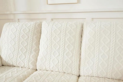 vctops 8 Pieces Geometric Jacquard Plush Recliner Sofa Covers Soft Fuzzy Fluffy 3 Seats Couch Cover Anti-Slip Sofa Slipcover Furniture Protector with Elastic Bottom for Kids Pet(Cream,3 Seat)