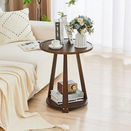 Round Solid Wood Side Table - Small Round Wooden End Table, Modern Living Room Side Beside Tables with Shelf for Couch Sofa Armchair Office Bedroom, Walnut, 19.6 in x 19.6 in x 23.6 in
