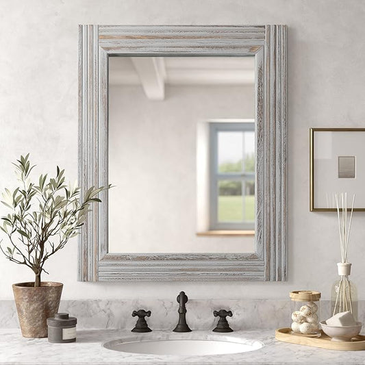 YOSHOOT Hand-Made Wooden Spliced Wall Mirror for Bathroom, Rustic Farmhouse Vanity Mirror, Décor Wall Art, Solid Wood Frame, Vertical or Horizontal Hanging