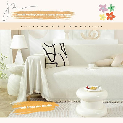 STACYPIK Modern Beige Couch Covers for Dogs Cats Thick Chenille Ivory White Sofa Cover Sofa Slipcover Furniture Protector for 3 Cushion Couch with Tassel Non-Silp Futon Cover Sofa Protector-71X150IN