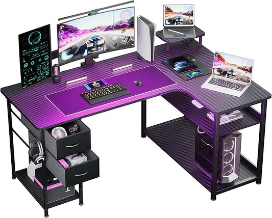 GTPLAYER L Shaped Desk with Drawers, Carbon Fiber Style Computer Desk with Monitor Shelf, Black Small L Shape Desk with Adjustable Open Storage Shelf, Corner PC Table for Small Space Home Office